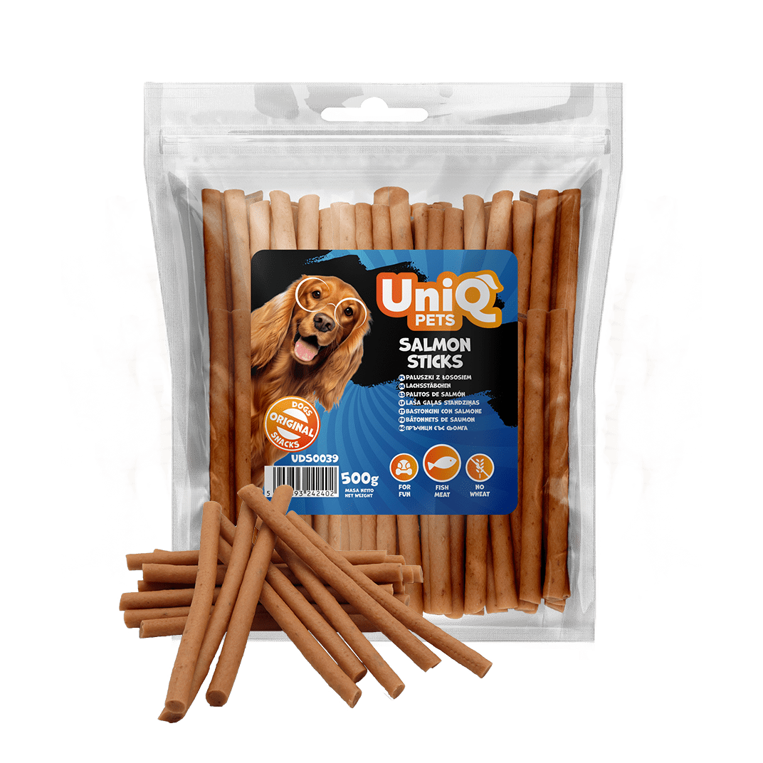 Friandise naturelle pour chien au saumon, riche en protéines et facile à mâcher. Une récompense saine et savoureuse pour tous les chiens.
