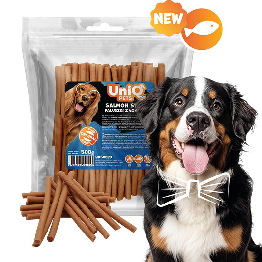Friandise naturelle pour chien au saumon, riche en protéines et facile à mâcher. Une récompense saine et savoureuse pour tous les chiens.