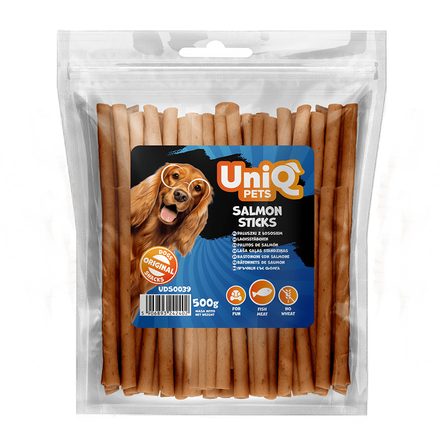 Friandise naturelle pour chien au saumon, riche en protéines et facile à mâcher. Une récompense saine et savoureuse pour tous les chiens.