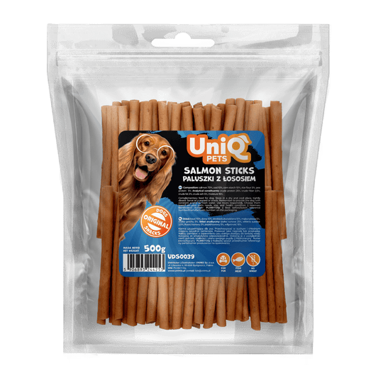 Friandise naturelle pour chien au saumon, riche en protéines et facile à mâcher. Une récompense saine et savoureuse pour tous les chiens.