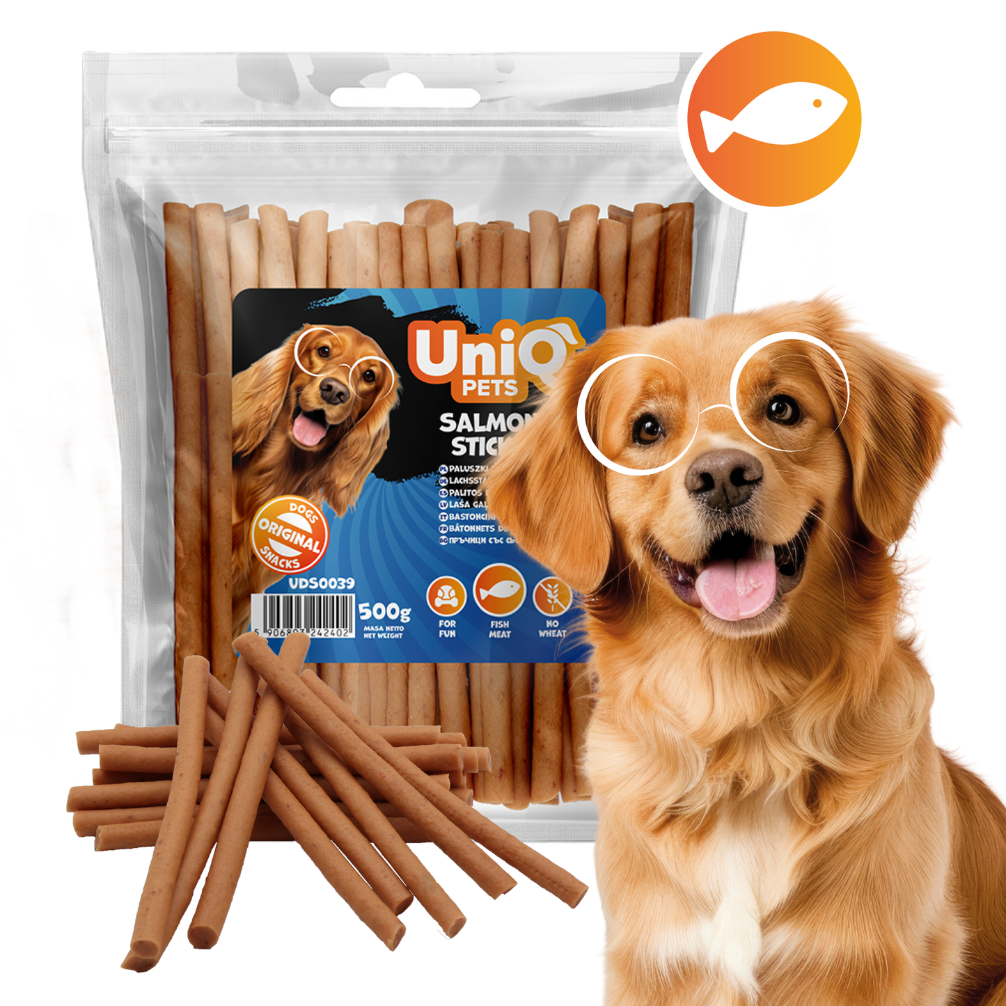Friandise naturelle pour chien au saumon, riche en protéines et facile à mâcher. Une récompense saine et savoureuse pour tous les chiens.