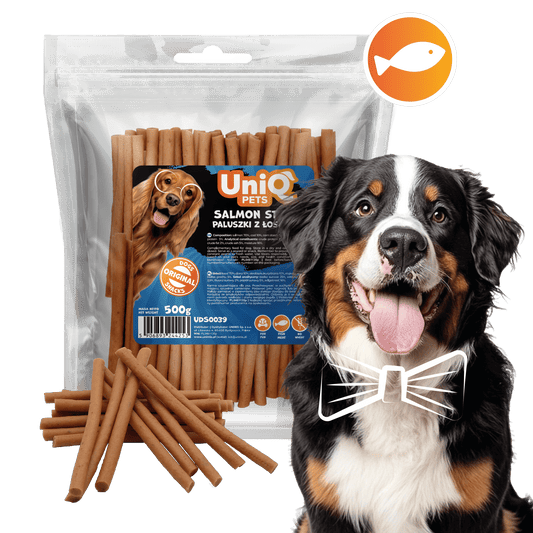 Friandise naturelle pour chien au saumon, riche en protéines et facile à mâcher. Une récompense saine et savoureuse pour tous les chiens.