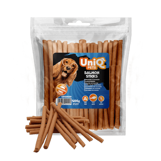 Friandise naturelle pour chien au saumon, riche en protéines et facile à mâcher. Une récompense saine et savoureuse pour tous les chiens.