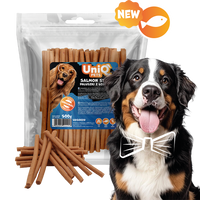Friandise naturelle pour chien au saumon, riche en protéines et facile à mâcher. Une récompense saine et savoureuse pour tous les chiens.