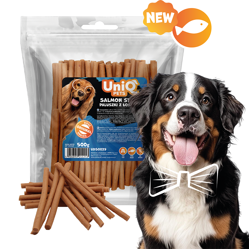 Friandise naturelle pour chien au saumon, riche en protéines et facile à mâcher. Une récompense saine et savoureuse pour tous les chiens.