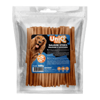 Friandise naturelle pour chien au saumon, riche en protéines et facile à mâcher. Une récompense saine et savoureuse pour tous les chiens.