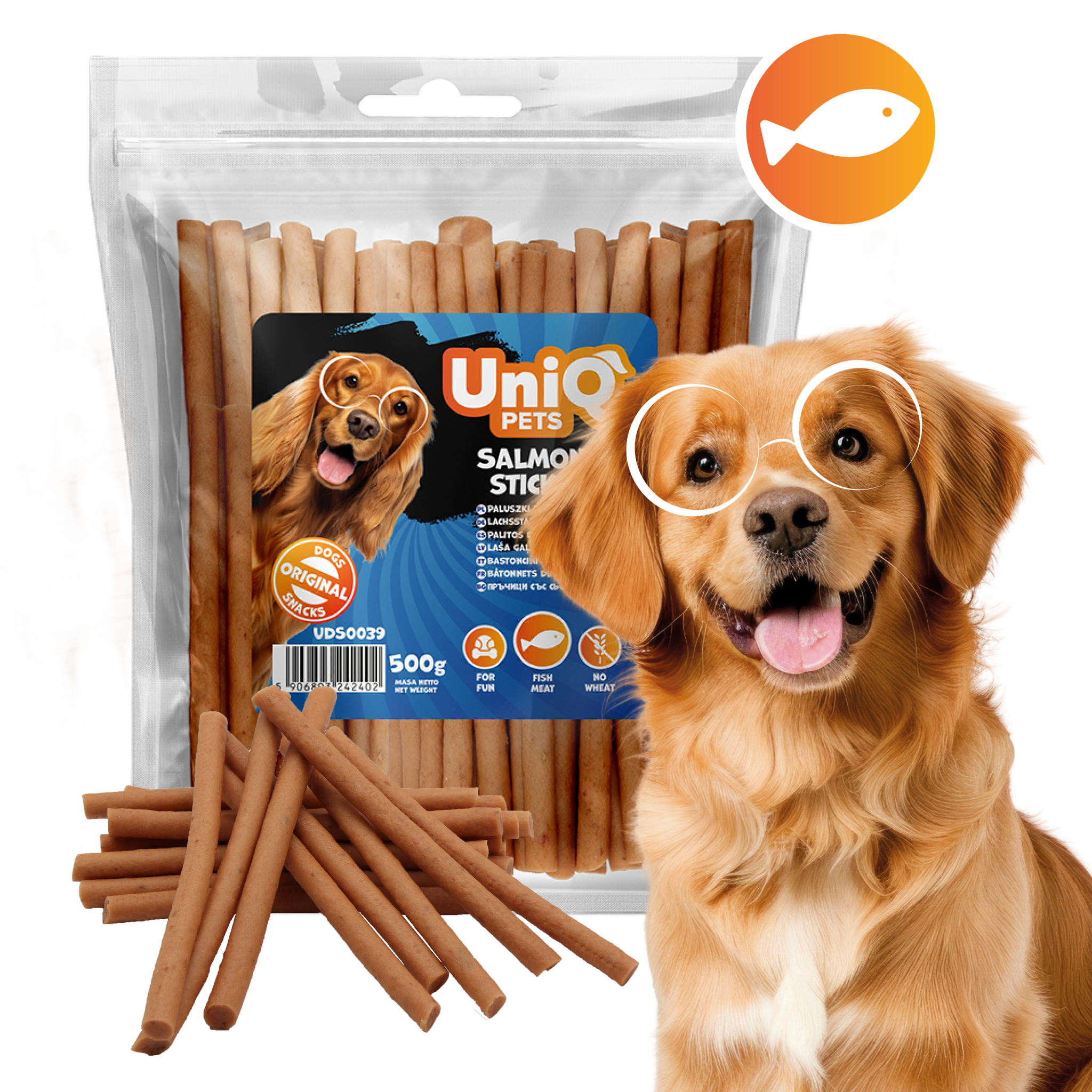Friandise naturelle pour chien au saumon, riche en protéines et facile à mâcher. Une récompense saine et savoureuse pour tous les chiens.