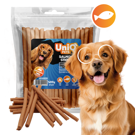 Friandise naturelle pour chien au saumon, riche en protéines et facile à mâcher. Une récompense saine et savoureuse pour tous les chiens.