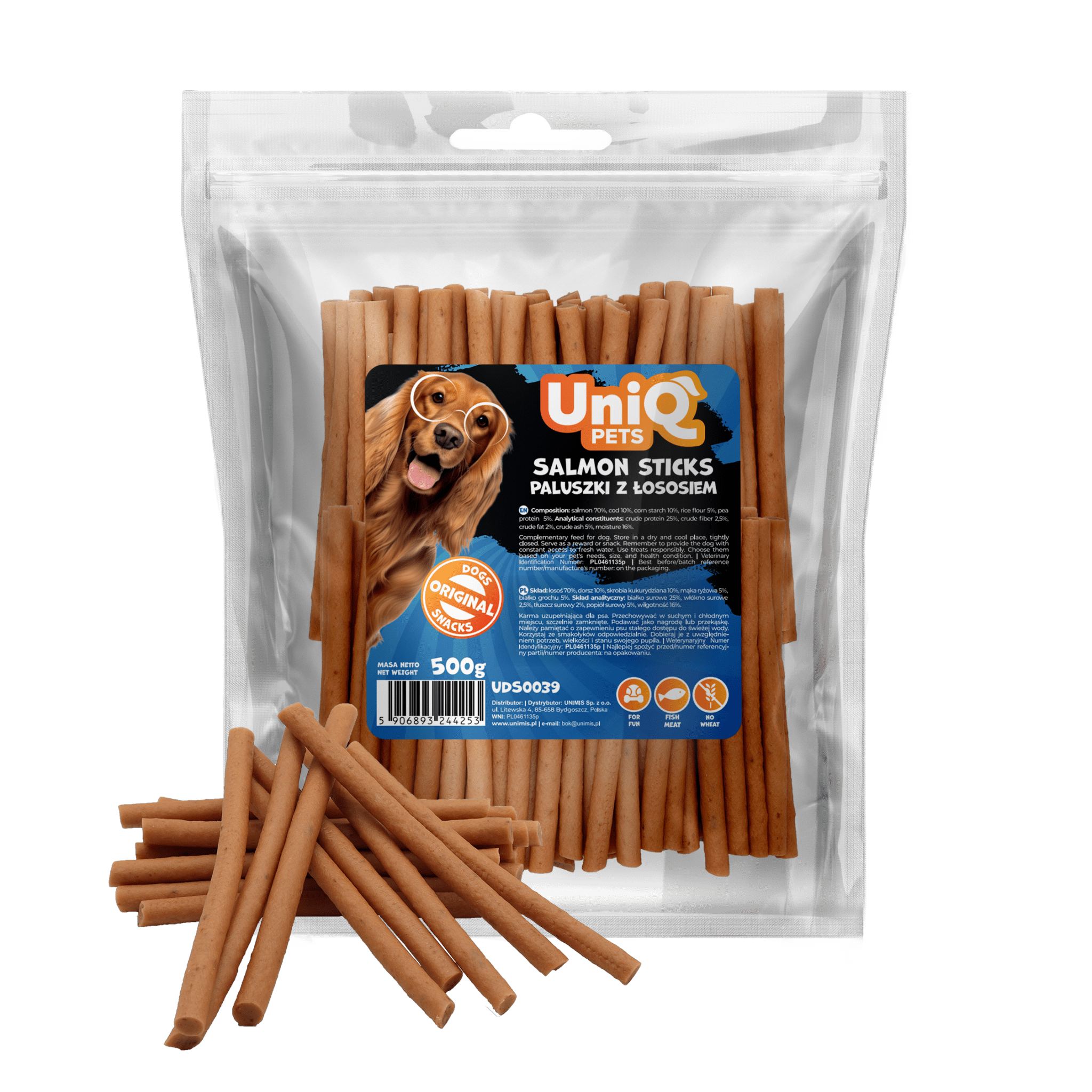 Friandise naturelle pour chien au saumon, riche en protéines et facile à mâcher. Une récompense saine et savoureuse pour tous les chiens.