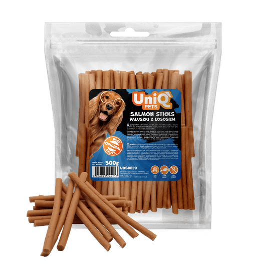 Friandise naturelle pour chien au saumon, riche en protéines et facile à mâcher. Une récompense saine et savoureuse pour tous les chiens.