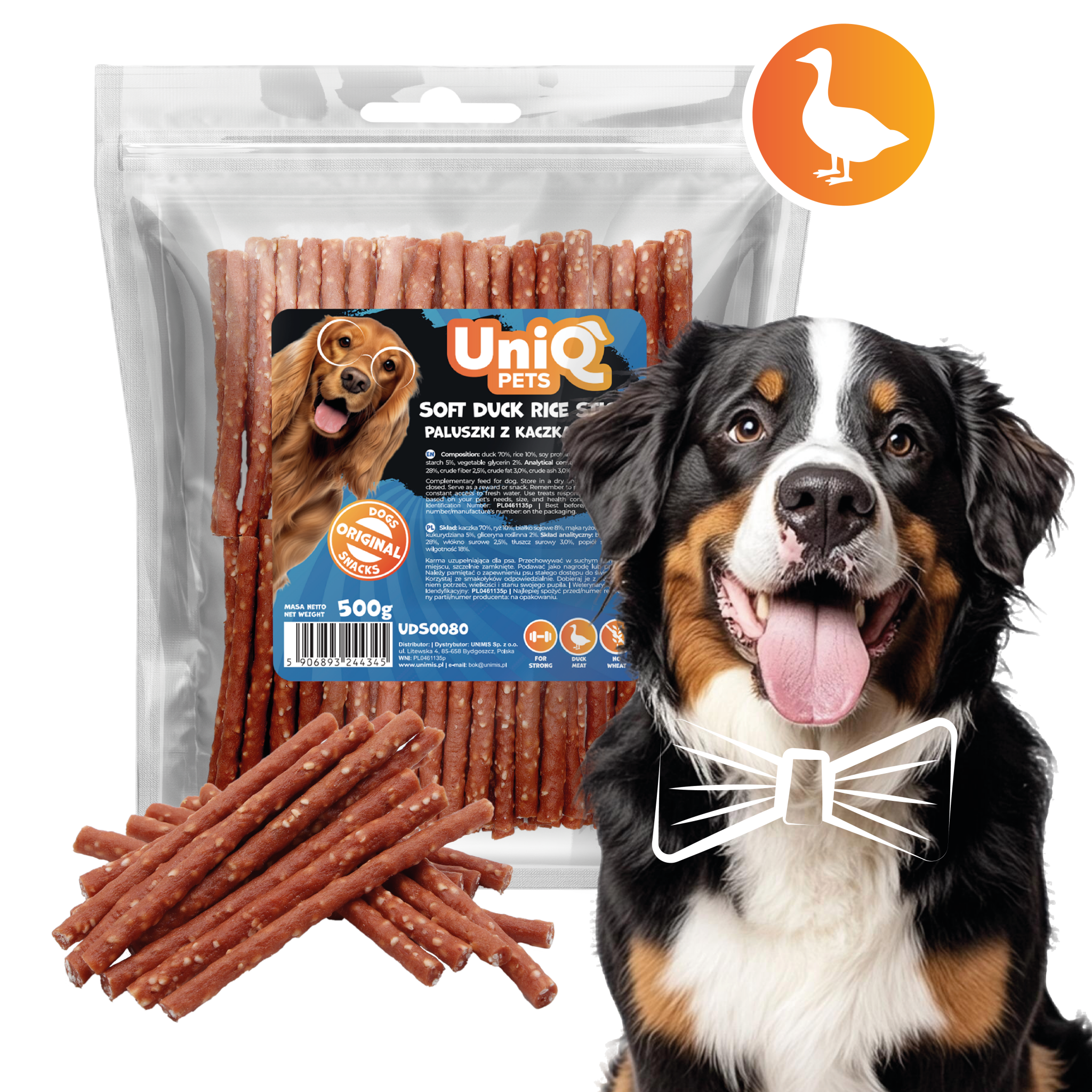 Friandise naturelle pour chien au canard, riche en protéines et facile à mâcher. Une récompense saine et savoureuse pour tous les chiens.