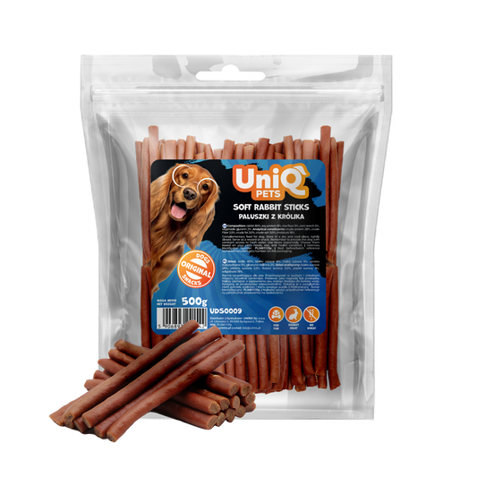 Friandise naturelle pour chien au lapin, riche en protéines et facile à mâcher. Une récompense saine et savoureuse pour tous les chiens.