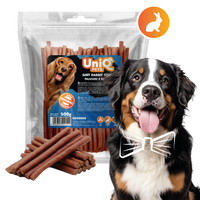 Friandise naturelle pour chien au lapin, riche en protéines et facile à mâcher. Une récompense saine et savoureuse pour tous les chiens.
