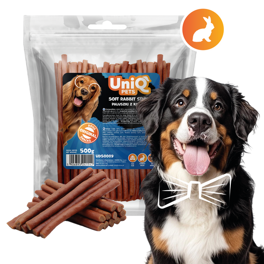 Friandise naturelle pour chien au lapin, riche en protéines et facile à mâcher. Une récompense saine et savoureuse pour tous les chiens.