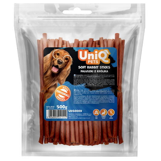 Friandise naturelle pour chien au lapin, riche en protéines et facile à mâcher. Une récompense saine et savoureuse pour tous les chiens.